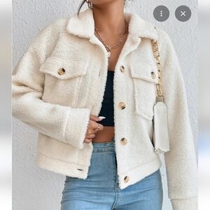 SHEIN 2XL Flap Pocket Drop Shoulder Teddy Jacket - Cream White